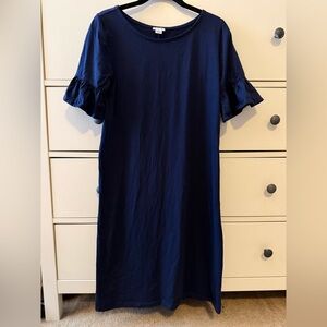 J. Crew Classic Stylish Navy Blur Dress with Chic Ruffle Sleeve Detail.